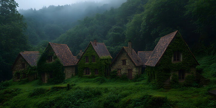 Ivy-covered houses nestled in a lush, misty forest. A serene and enchanting scene.