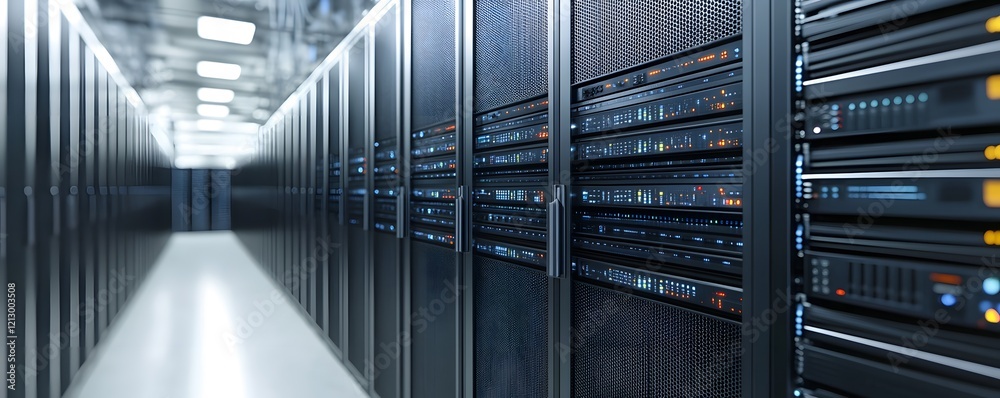 Poster a modern data center showcasing rows of server racks, illuminated by bright lights. the environment 