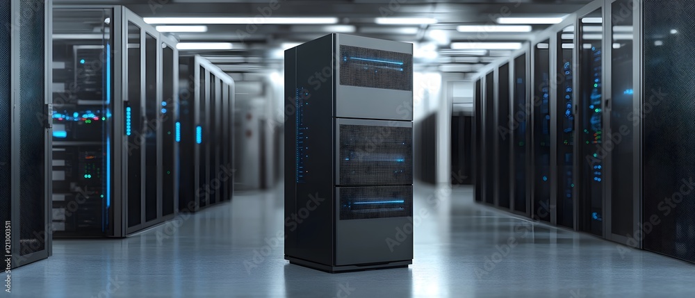 Poster a modern data center showcasing high-performance servers, designed for optimal data storage and proc