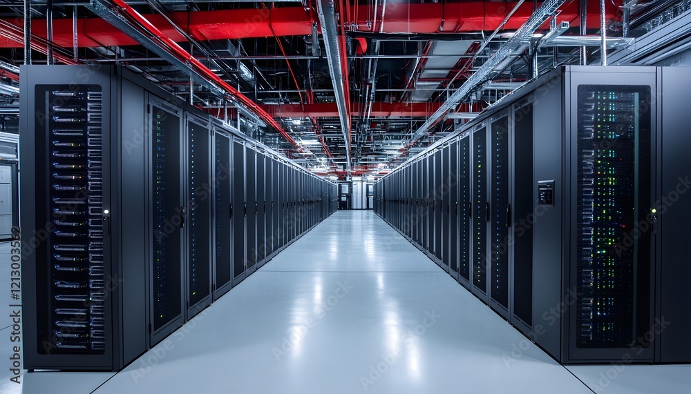 Poster a modern data center with rows of powerful servers lined up, illuminated by bright lights, showcasin