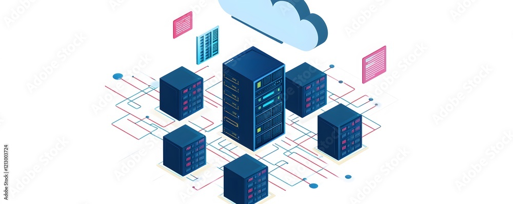 Poster a modern illustration showcasing cloud computing technology. multiple data servers connected in a ne