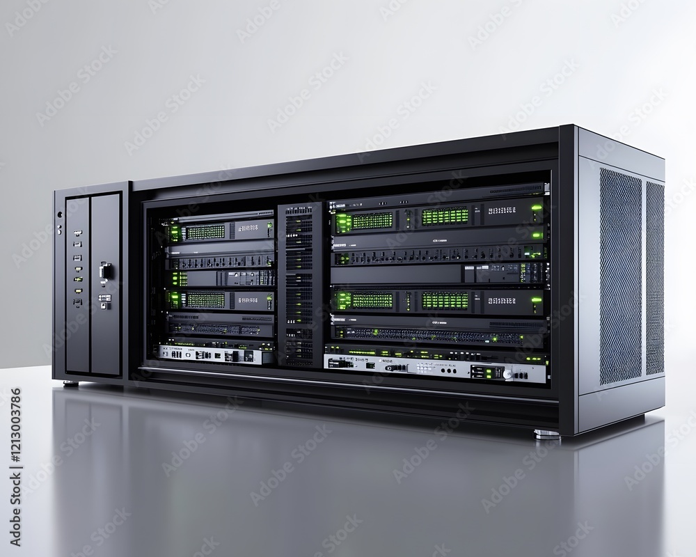 Poster a modern server rack featuring multiple servers with green led indicators. ideal for showcasing data