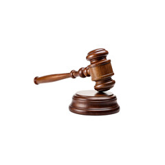 The gavel: A beautifully crafted wooden gavel rests on its stand, isolated, symbolizing justice, law, and order.