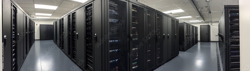 Poster a panoramic view of a modern data center filled with black server racks, showcasing the intricate se