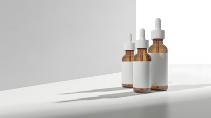 Elegant display of three amber glass dropper bottles on a minimalist surface during soft lighting