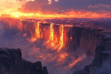 Fiery sunset over a dramatic canyon with lava waterfalls.