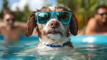 A joyful dog is splashing around in a pool while wearing stylish sunglasses, encapsulating the essence of summer fun and pet enjoyment in a vibrant, sunny atmosphere.