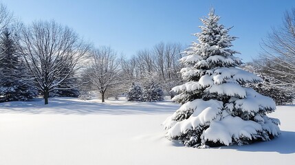 Snowy Winter Landscape with Evergreen Tree and Snow Covered Branches