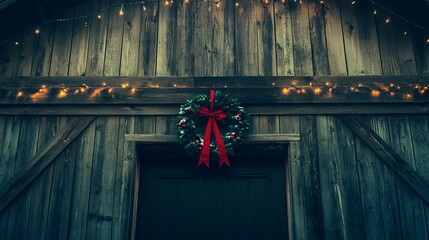 Rustic Christmas Wreath on Wooden Door with Lights