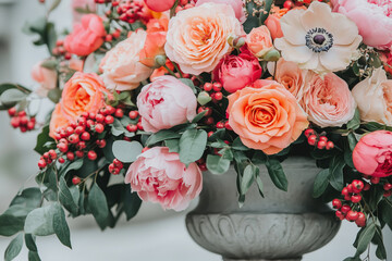 A luxury bouquet of roses and peonies in an outdoor stone vase