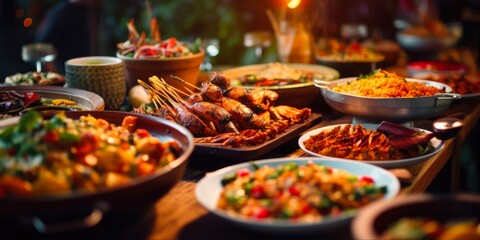 Obraz premium Food Celebration with Asian Cuisine and Buffet Options. Exciting Brunch and Dessert Choices to Delight Your Dining Crowd