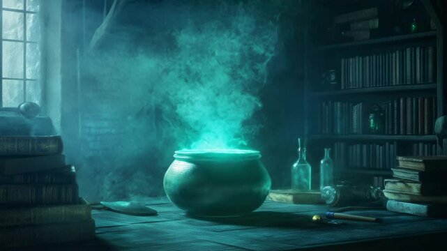 Enchanted kitchen with a glowing potion during twilight