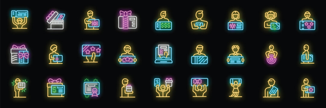 Neon icons representing various aspects of a customer loyalty program, including gifts, rewards, discounts, and online engagement