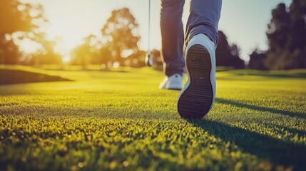 Men, golf and walking on green for tee off in morning as members in club for health, wellness or business. Male people, putter and hole for sports, exercise or meeting as partner in company for deal