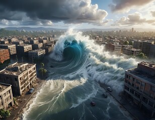 Immense Tsunami Wave Crushing Coastal City: Dramatic Coastal Disaster Scene