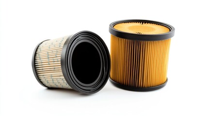 Two New Air Filters for Vacuum Cleaners, Yellow and Beige, Close-up Studio Shot on White Background