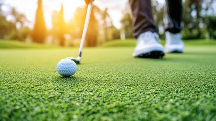 Men, golf and walking on green for tee off in morning as members in club for health, wellness or business. Male people, putter and hole for sports, exercise or meeting as partner in company for deal