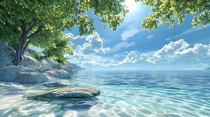 A tranquil sea scene with crystal clear water and soft ripples