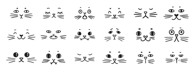 Fototapeta premium cute funny cat faces doodle hand drawn icon set. Outline drawing cats emotions different mood happy or sad line clipart symbol collection