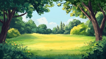 Fototapeta premium Sunny Meadow Surrounded By Lush Green Trees