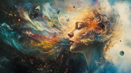 A woman's face is depicted in profile, surrounded by a cosmic nebula and celestial bodies.