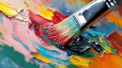 Fototapeta premium Colorful Palette with Brush Mixing Vibrant Paints in Art Studio