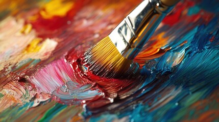 Obraz premium Close-Up View of Paintbrush Blending Colors on Canvas Surface
