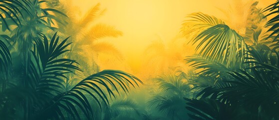 A vibrant jungle scene featuring lush green palm leaves against a golden sunset background, creating a serene and tropical atmosphere.