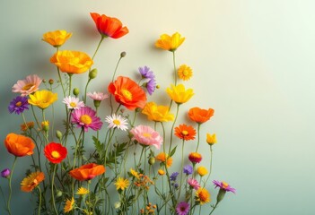 Fototapeta premium A beautiful, vibrant arrangement of various wildflowers in a spectrum of colors orange, yellow, pink, purple, and white against a soft, pastel mint-green background