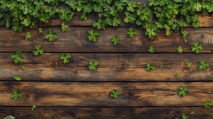 Fototapeta premium St. Patricks Day Celebration, Rustic Wooden Background, Clover Decor, Cozy Vintage Aesthetic, Nature Vibes, Vibrant Greens