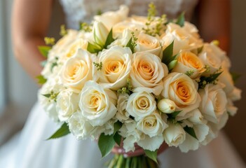 A beautiful, close-up image of a wedding bouquet featuring cream and peach roses, accented with greenery