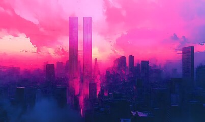 Fototapeta premium Pink and purple cityscape at sunset, with two prominent towers.
