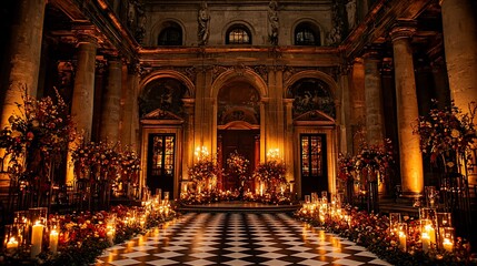 Obraz premium Grand palace interior, candlelit ceremony setup with autumnal floral arrangements.