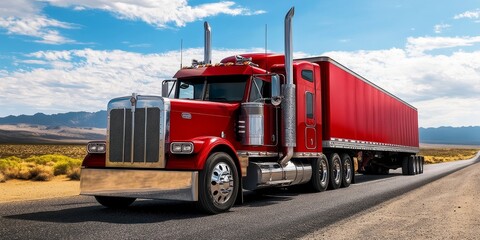 Semi-truck on the road in the desert, Generative AI