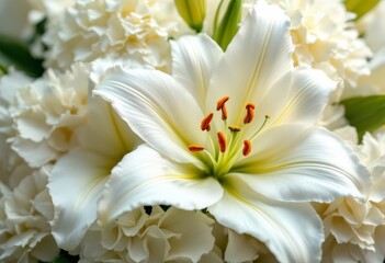 Fototapeta premium A close-up image of a pristine white lily, showcasing its delicate petals and vibrant orange stamens