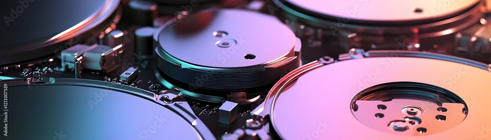 Poster close-up view of computer hard drive components showcasing intricate metal patterns and reflective s
