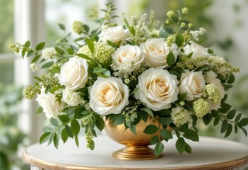 A beautiful floral centerpiece showcasing a mix of cream-colored roses, various greenery, and small filler flowers