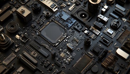 Fototapeta premium Close-up shot of a detailed circuit board, showcasing intricate components and a central processing unit. Ideal for technology-related designs and innovations in electronics.