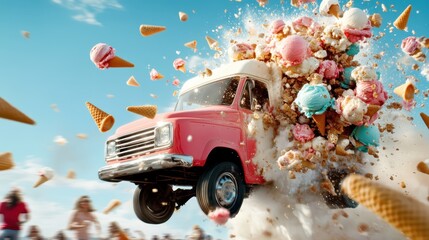 A vivid pink ice cream truck launches ice cream and cones into the sky, representing joy and the playful essence of summer in a striking, action-packed moment.