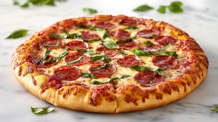 Close-up view of an artisan pizza topped with fresh basil, mozzarella, pepperoni, and drizzled with olive oil, presented on a marble surface with a rustic ambiance