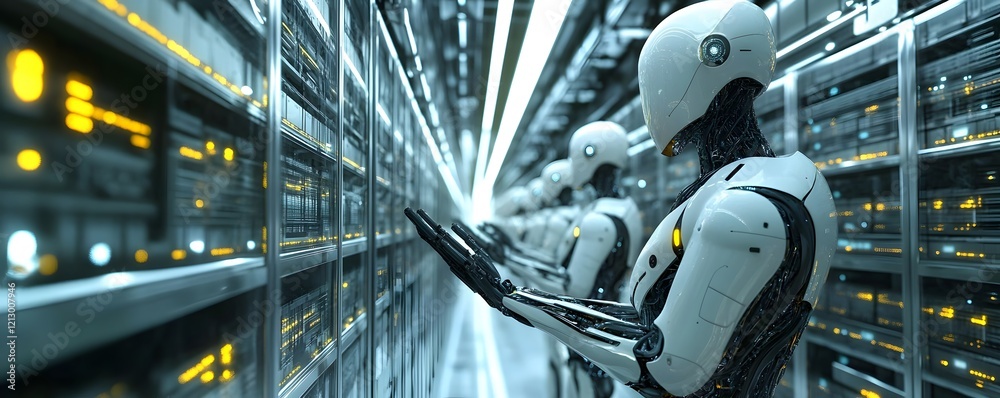Poster futuristic humanoid robots manage data in a high-tech server room, showcasing the intersection of ar