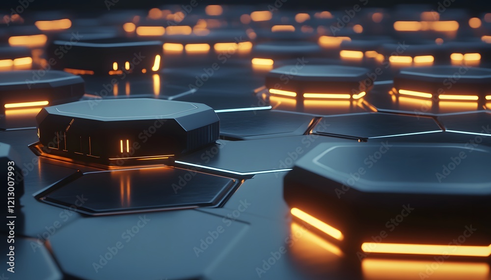 Poster futuristic hexagonal structures illuminated with soft orange light, showcasing a modern design