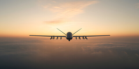 Fototapeta premium Unmanned aerial vehicle (UAV) soaring above a cloud layer during a breathtaking sunset. A captivating image of modern aviation technology against a beautiful natural backdrop.