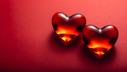 two Valentine’s Day red hearts on a red background