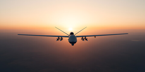 Unmanned aerial vehicle in flight at sunset.  The drone is equipped with weaponry and is silhouetted against the vibrant sky.