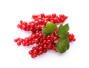 Delicious ripe red currants isolated on white, top view