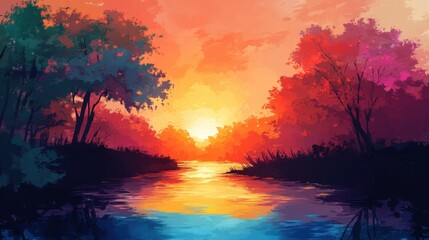 Obraz premium Vibrant Sunset Over a Calm River Landscape