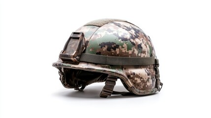 A side profile of a highly advanced military helmet featuring modern tactical enhancements, ideal for providing soldiers with safety and performance in combat situations.