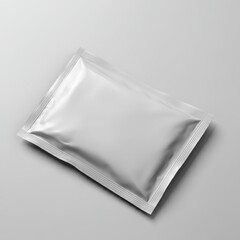 Metallic silver pouch, rectangular packaging, sleek design, minimalist, reflective surface, subtle highlights, soft shadows, clean background, product photography, high-contrast, monochromatic, studio