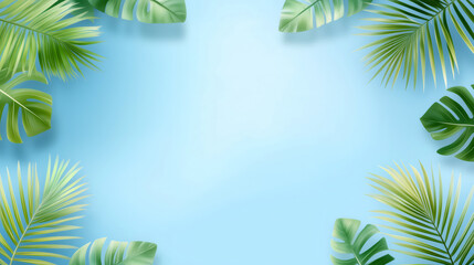 Fototapeta premium Tropical palm and monstera leaves creating a frame on blue background